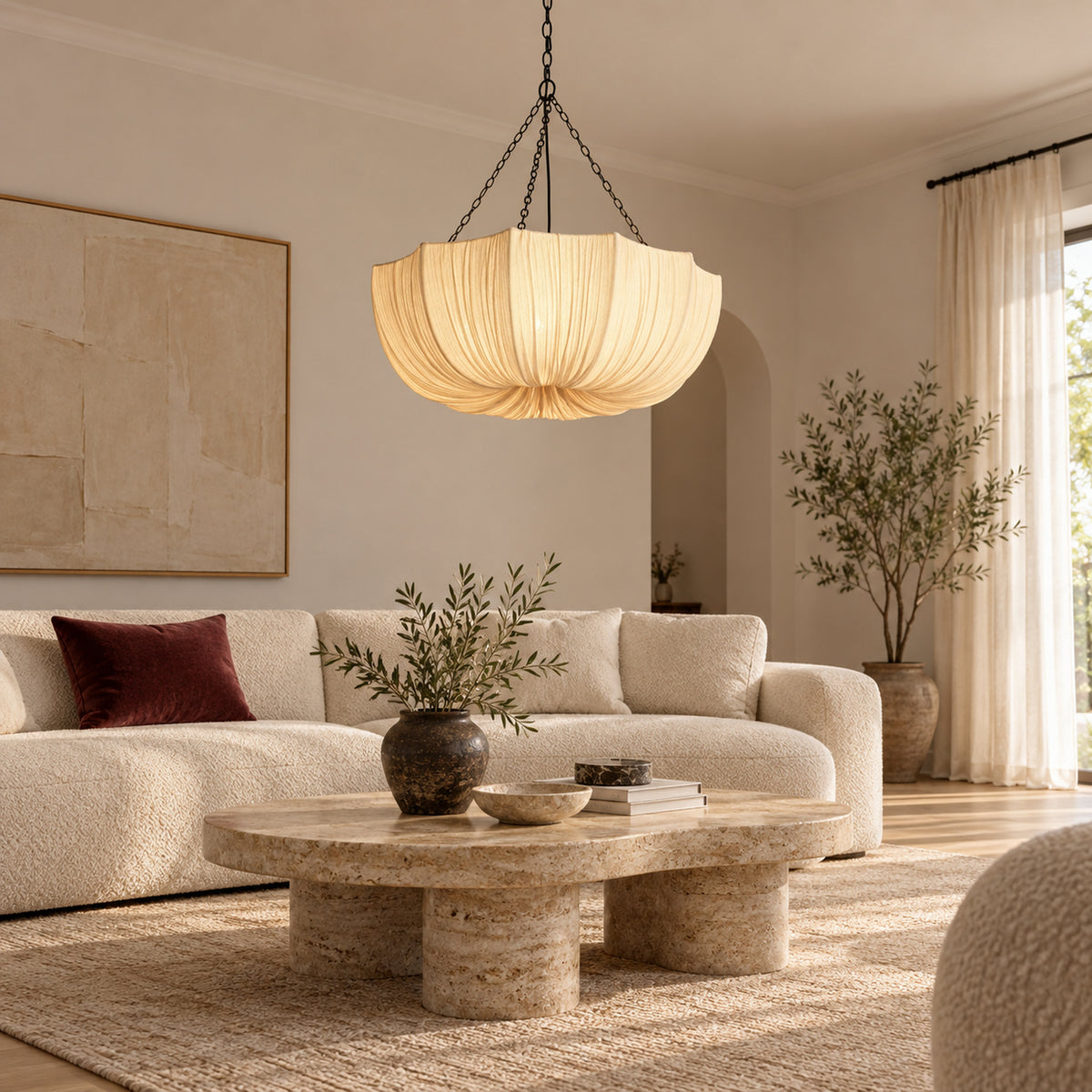 Aldwin 60 cm cotton pleated dome pendant light in a warm contemporary living room | CARRA HOME