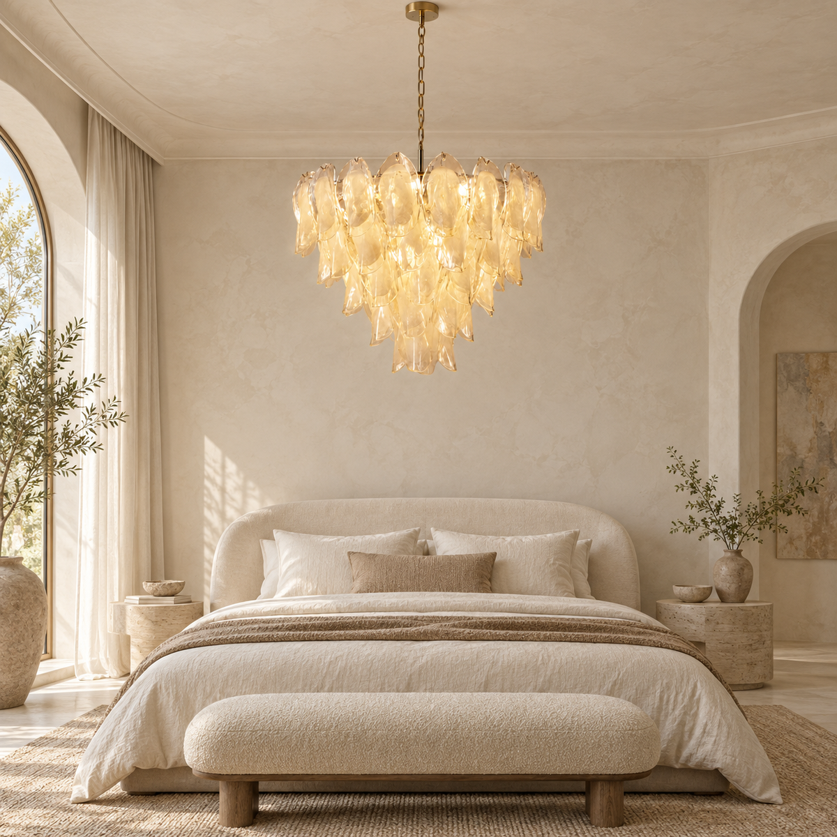 Altavilla five-tier glass petal chandelier in a high-ceiling bedroom | CARRA HOME