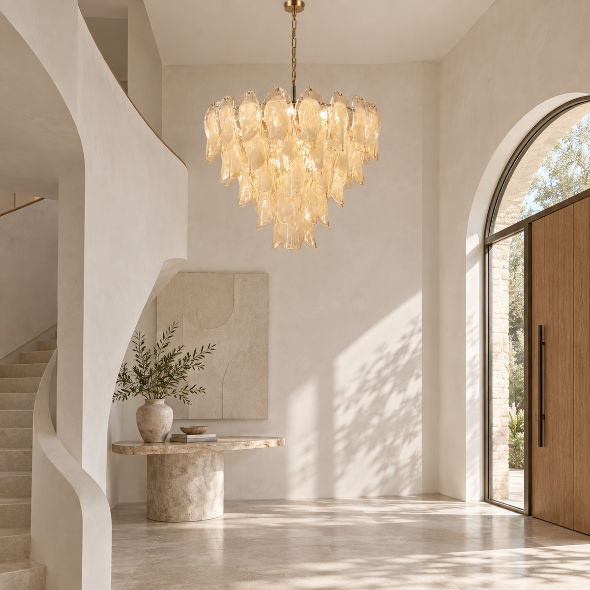 Altavilla five-tier glass petal chandelier in a tall entryway | CARRA HOME