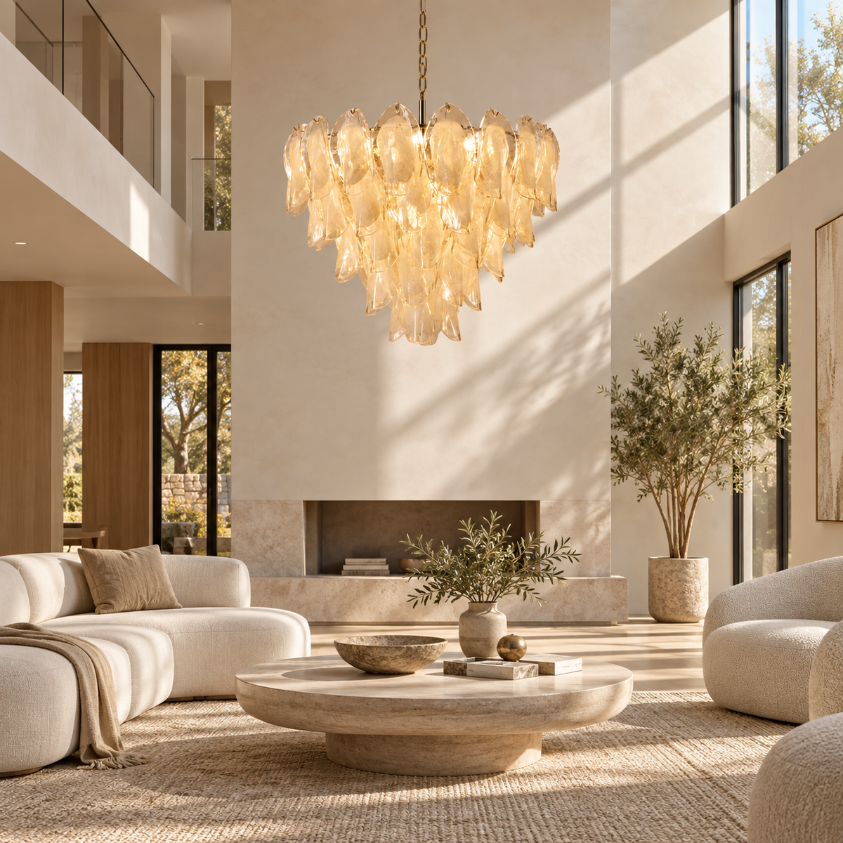 Altavilla five-tier glass petal chandelier in a tall living room | CARRA HOME