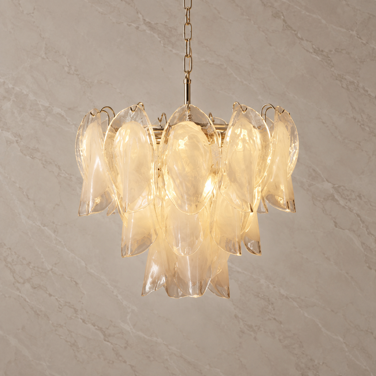 Altavilla three-tier glass petal chandelier, Size 1, lights on | CARRA HOME