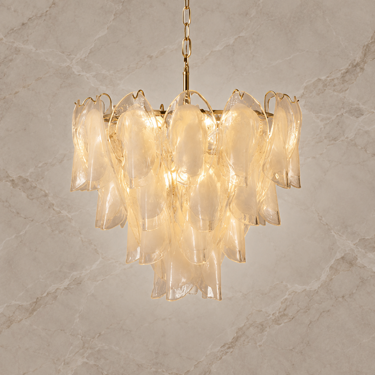 Altavilla four-tier glass petal chandelier, Size 2, lights on | CARRA HOME