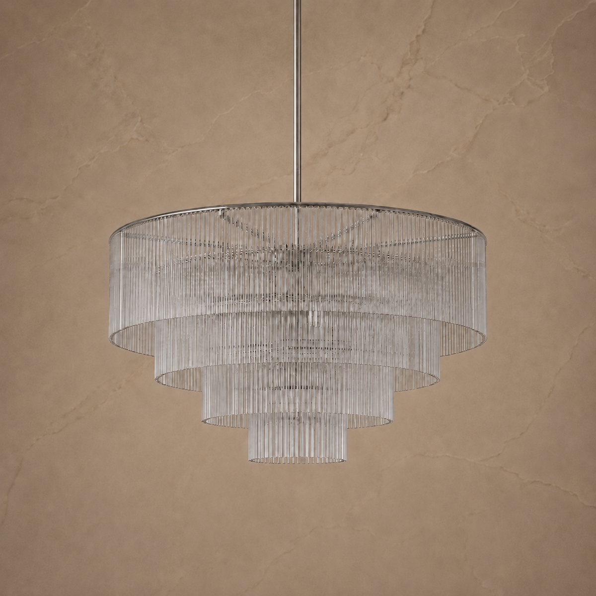 Amad Glass Rod Tiered Chandelier in chrome, light off