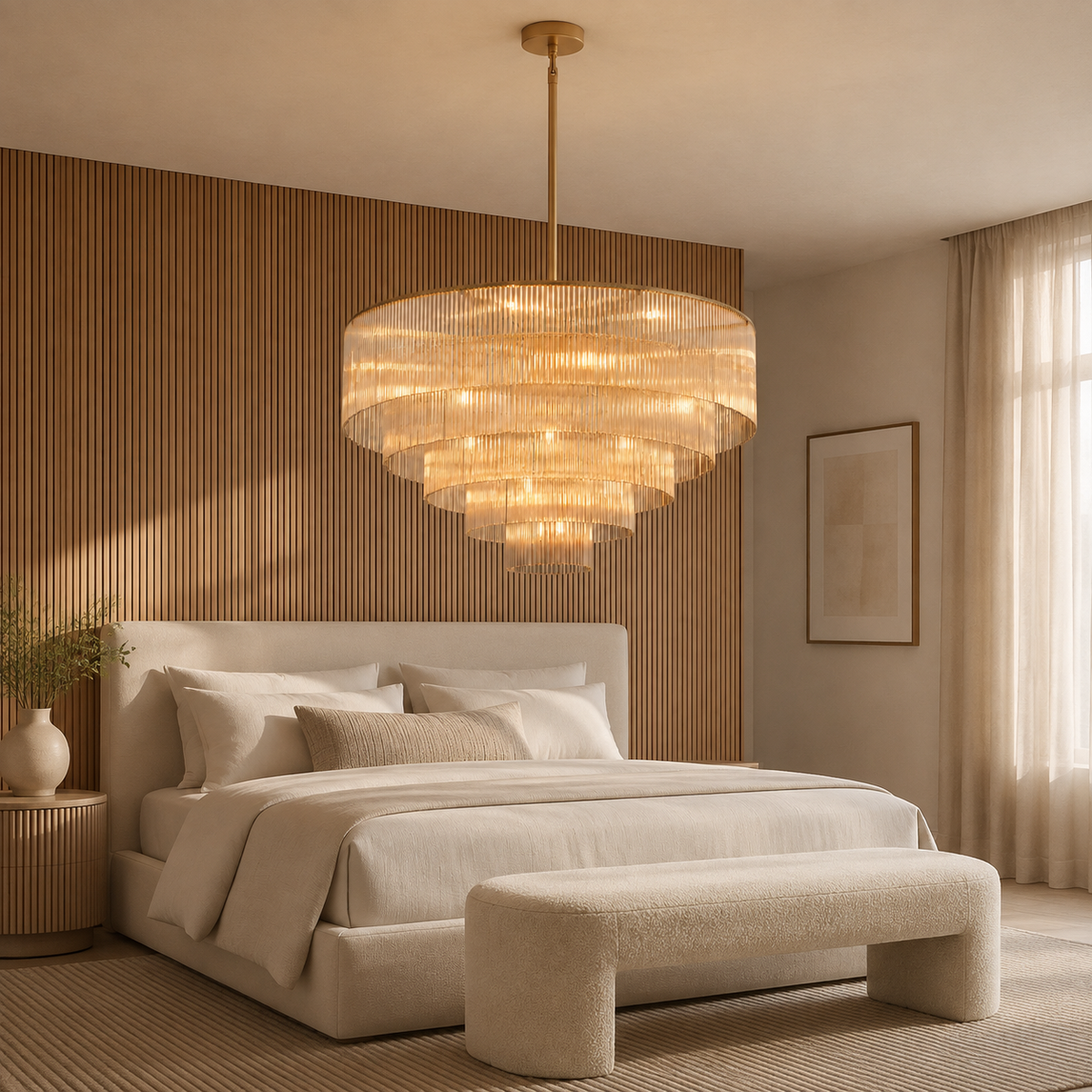 Amad Glass Rod Tiered Chandelier in gold in a bedroom