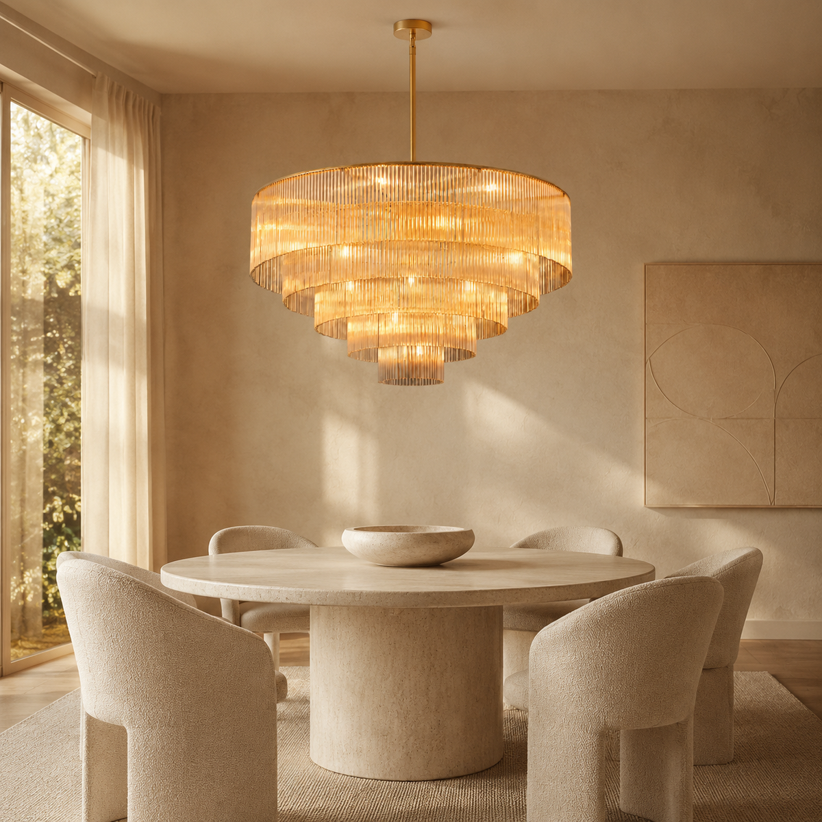Amad Glass Rod Tiered Chandelier in gold in a dining room