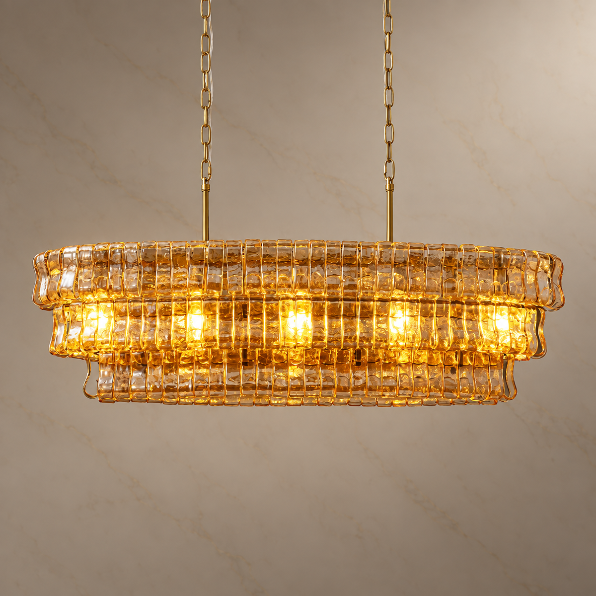 Amberra Amber Glass Linear Chandelier illuminated