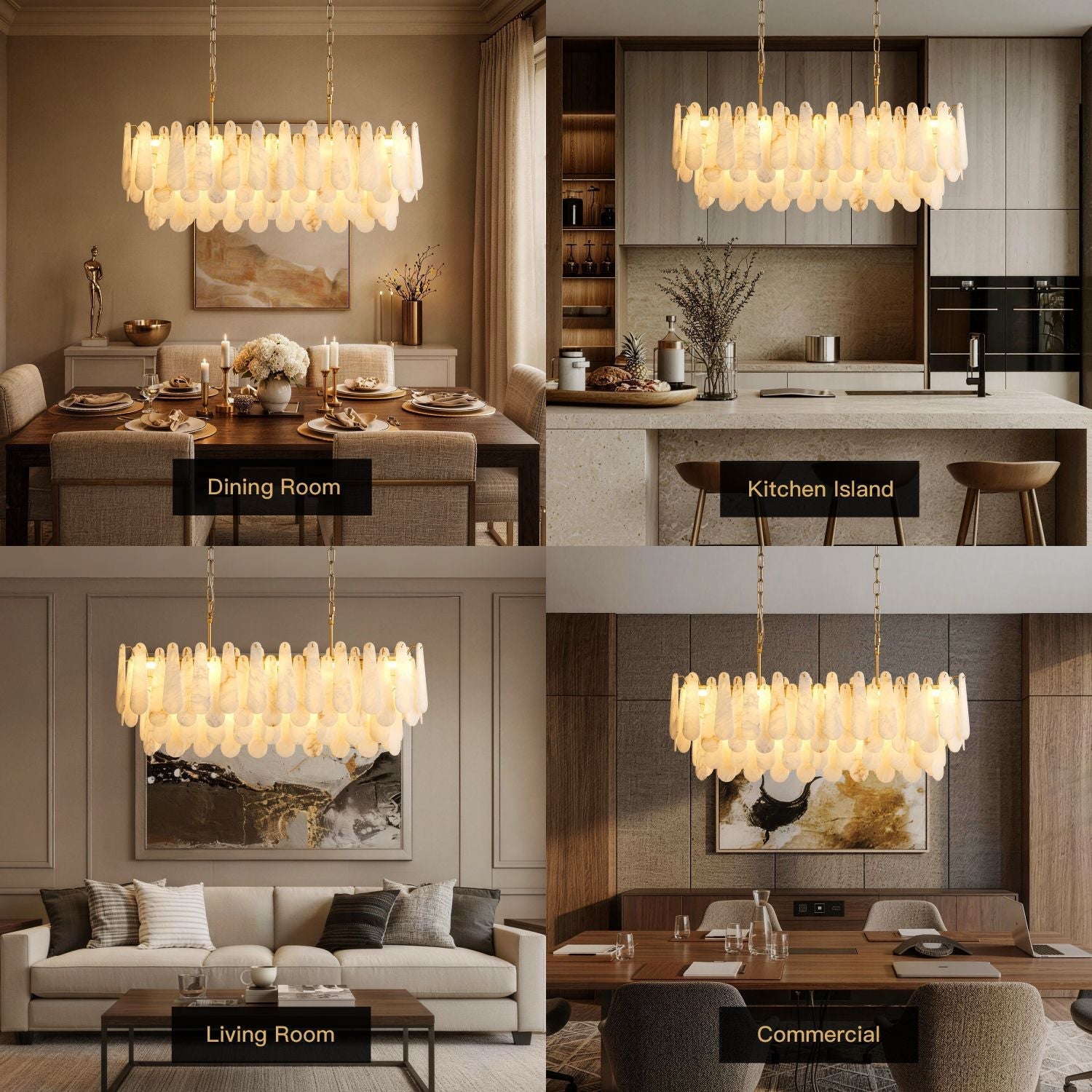 Apex Modern Minimalist Alabaster Linear Chandelier in 4 real-life settings: Dining Room (dark wood table), Kitchen Island (modern kitchen with bar stools), Living Room (beige sofa with decorative pillows), and Commercial (conference table setup) -carra-home