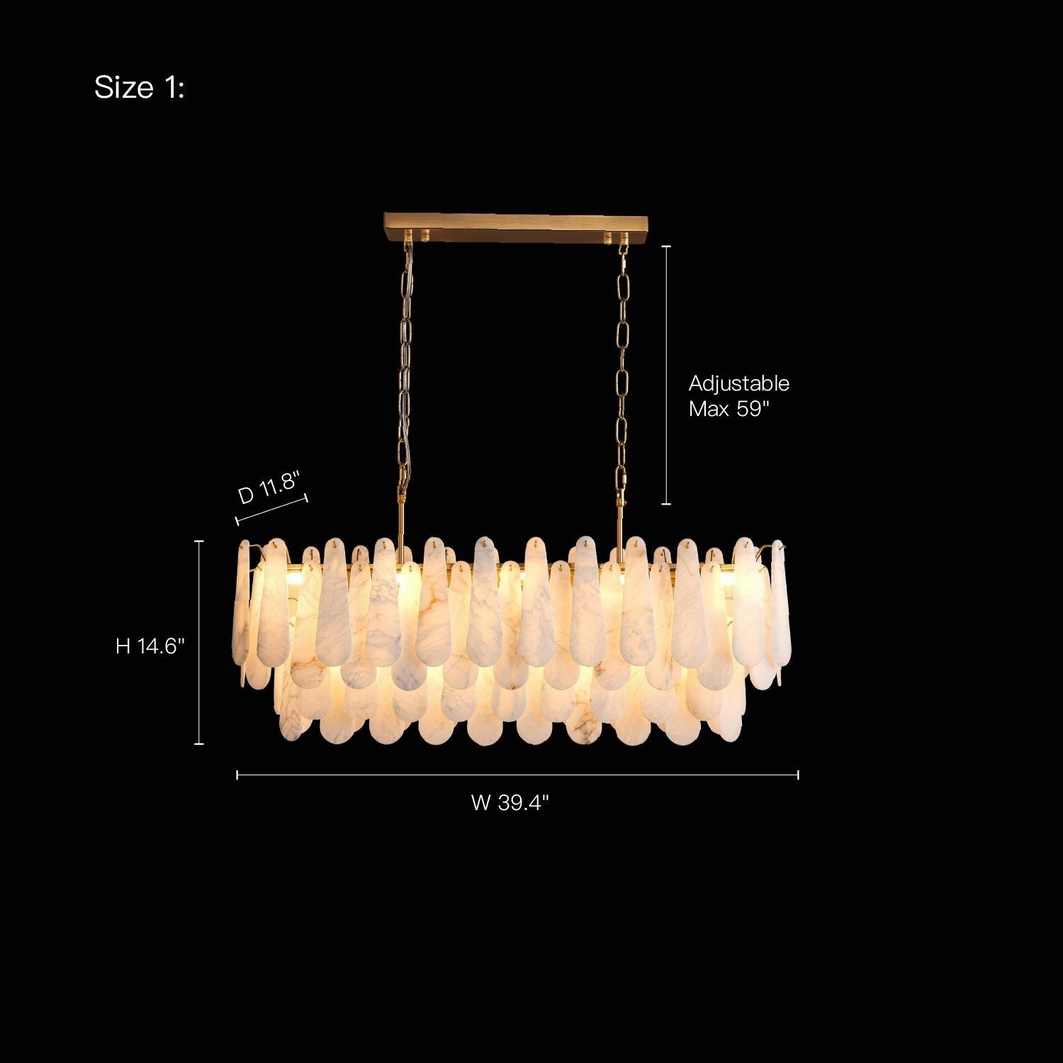 Apex Modern Minimalist Alabaster Linear Chandelier — Size 1 dimensions: Width 39.4 inches, Height 14.6 inches, with adjustable chain up to 59 inches -carra-home