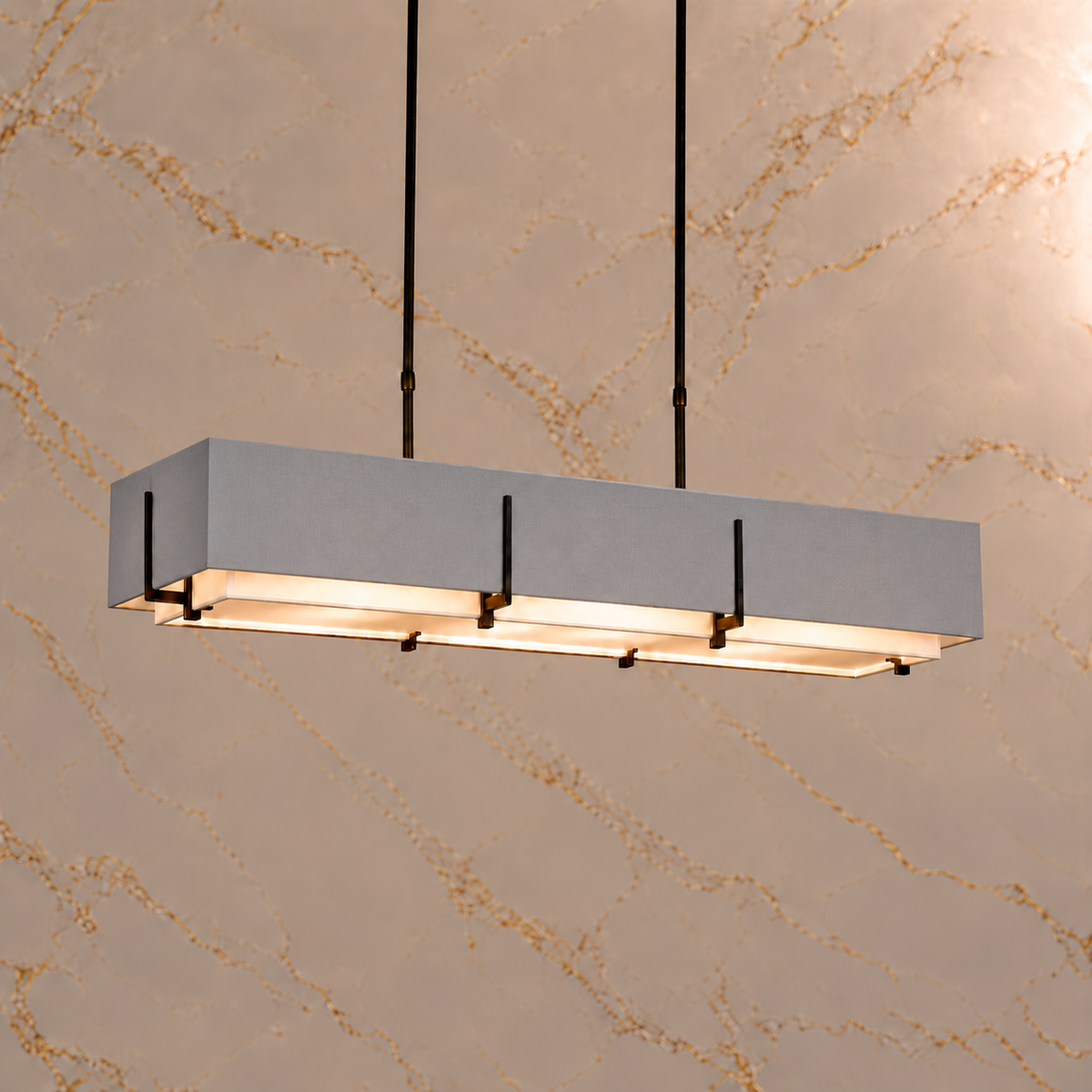 Arden double-shade chandelier, Gray outer shade and Black hardware, light on | CARRA HOME