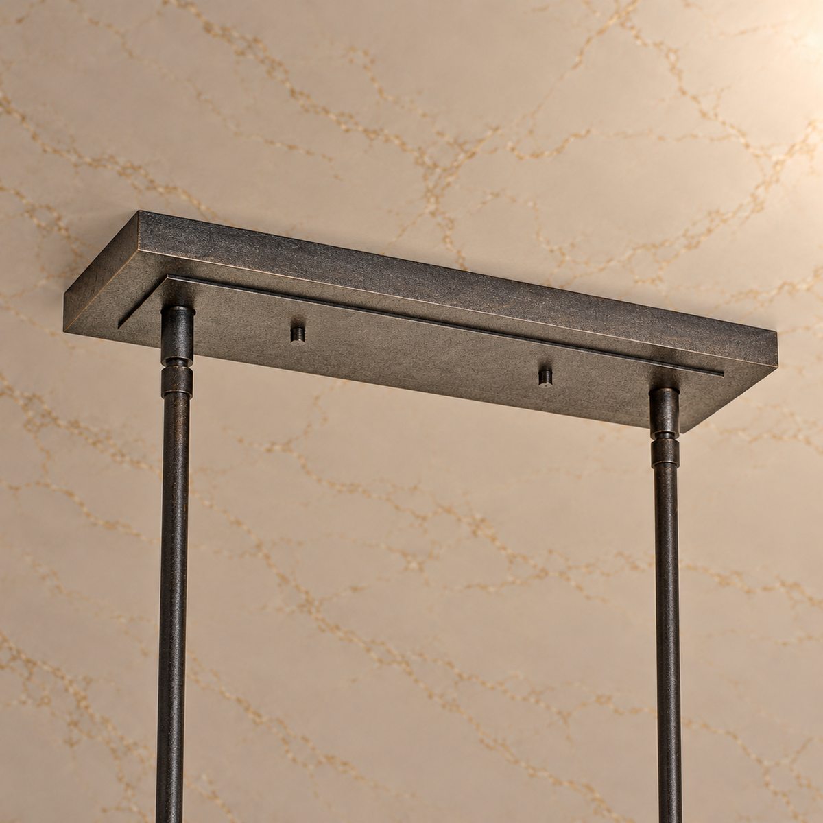 Arden Fabric Double-Shade Linear Chandelier rectangular Natural Iron ceiling canopy detail | CARRA HOME