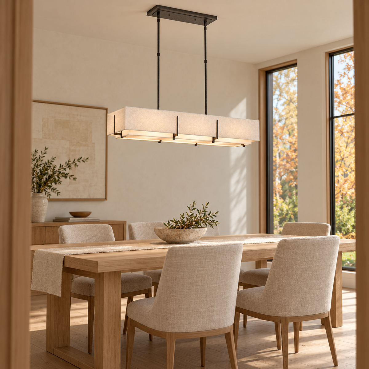 Arden Fabric Double-Shade Linear Chandelier above a pale oak dining table | CARRA HOME