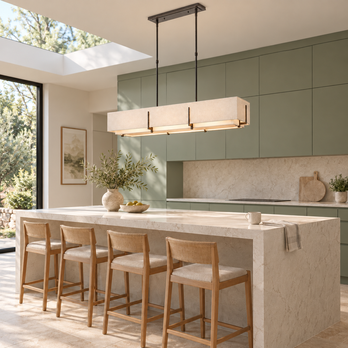 Arden Fabric Double-Shade Linear Chandelier above an ivory island in a sage kitchen | CARRA HOME