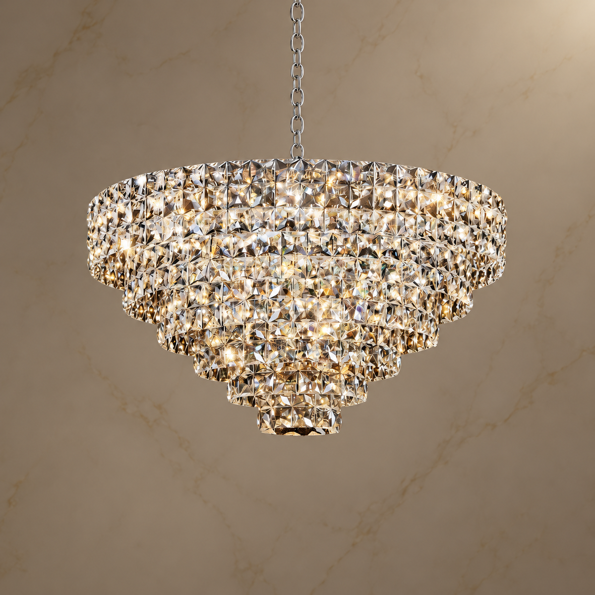 Aria Chrome K9 Crystal Glacier Chandelier illuminated