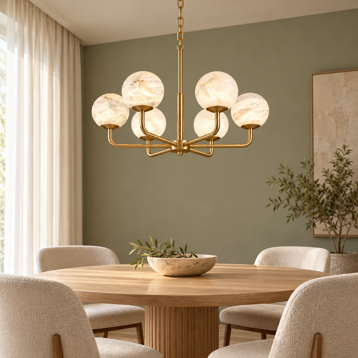Astera alabaster globe chandelier, 6 lights, 72 cm, brushed brass, dining room setting | CARRA HOME