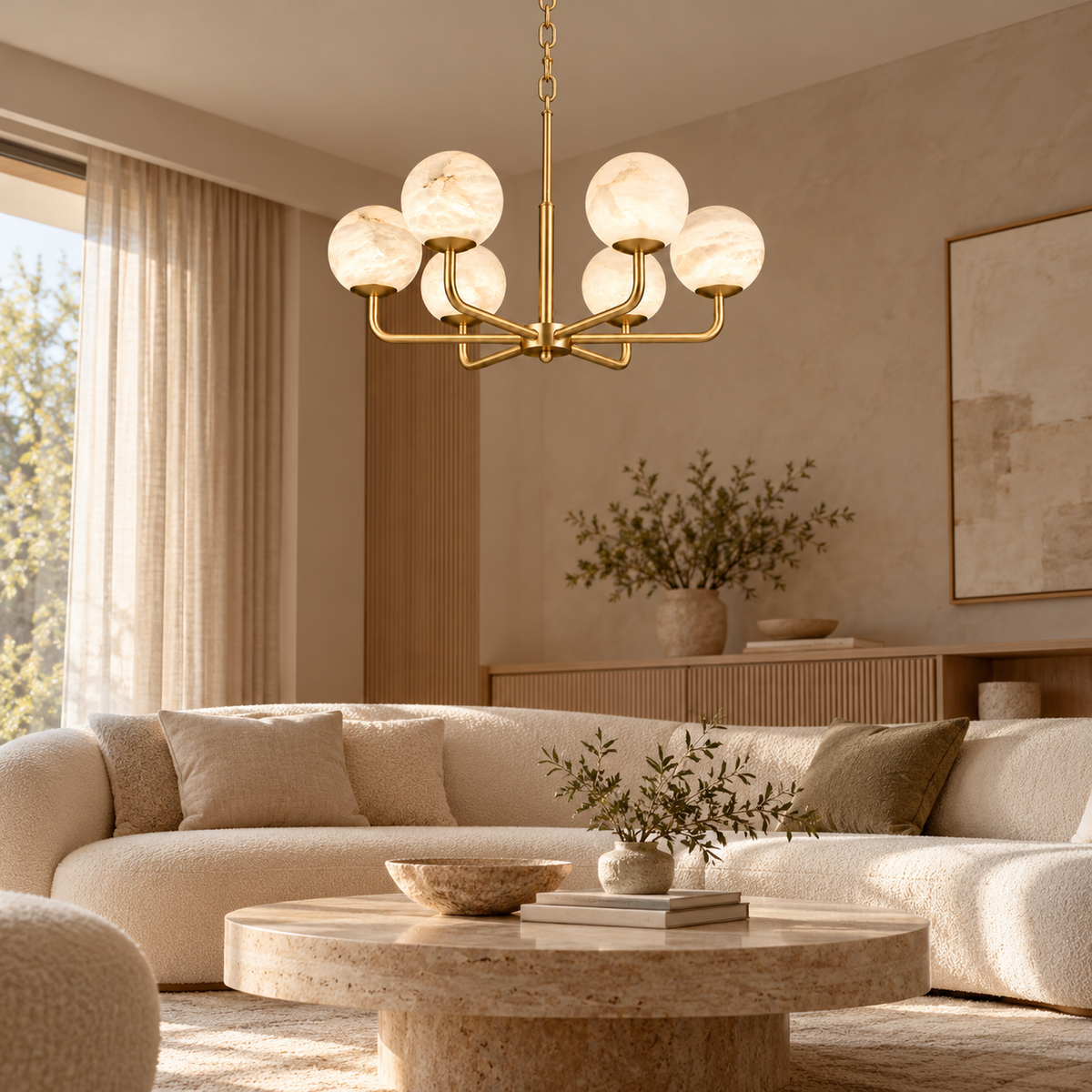Astera alabaster globe chandelier, 6 lights, 72 cm, brushed brass, living room setting | CARRA HOME