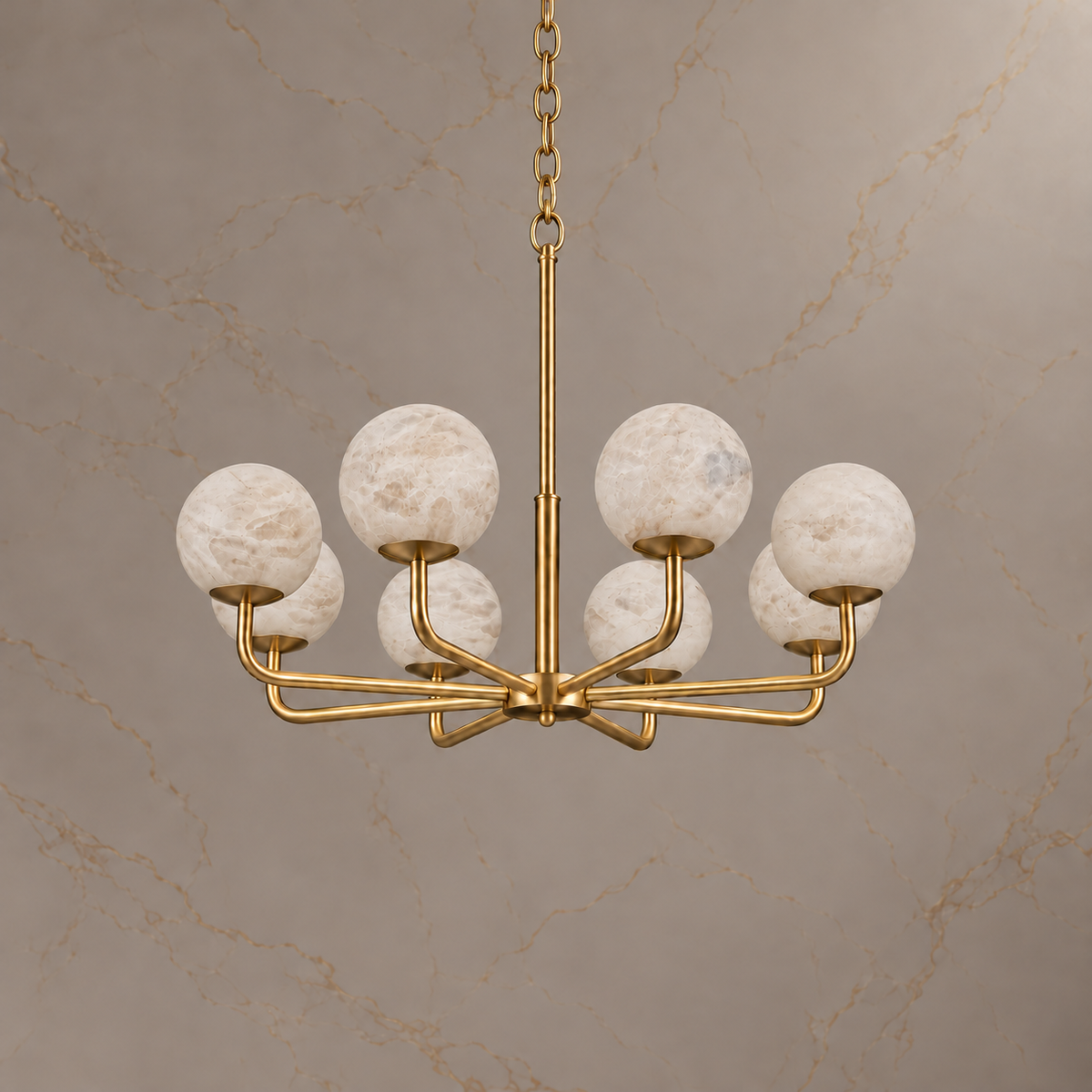 Astera alabaster globe chandelier, brushed brass, 8 lights, 80 cm, light off | CARRA HOME
