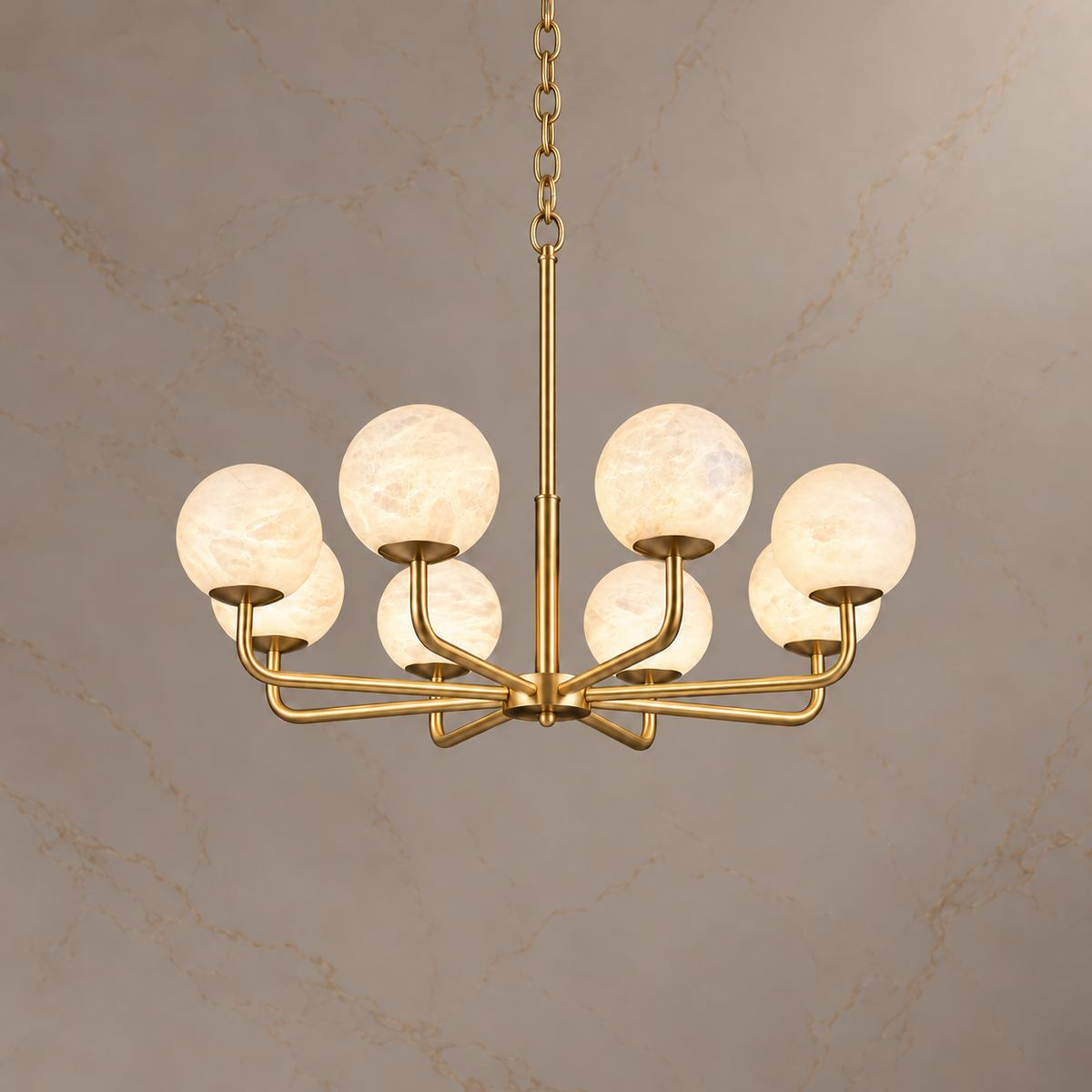 Astera alabaster globe chandelier, brushed brass, 8 lights, 80 cm, light on | CARRA HOME