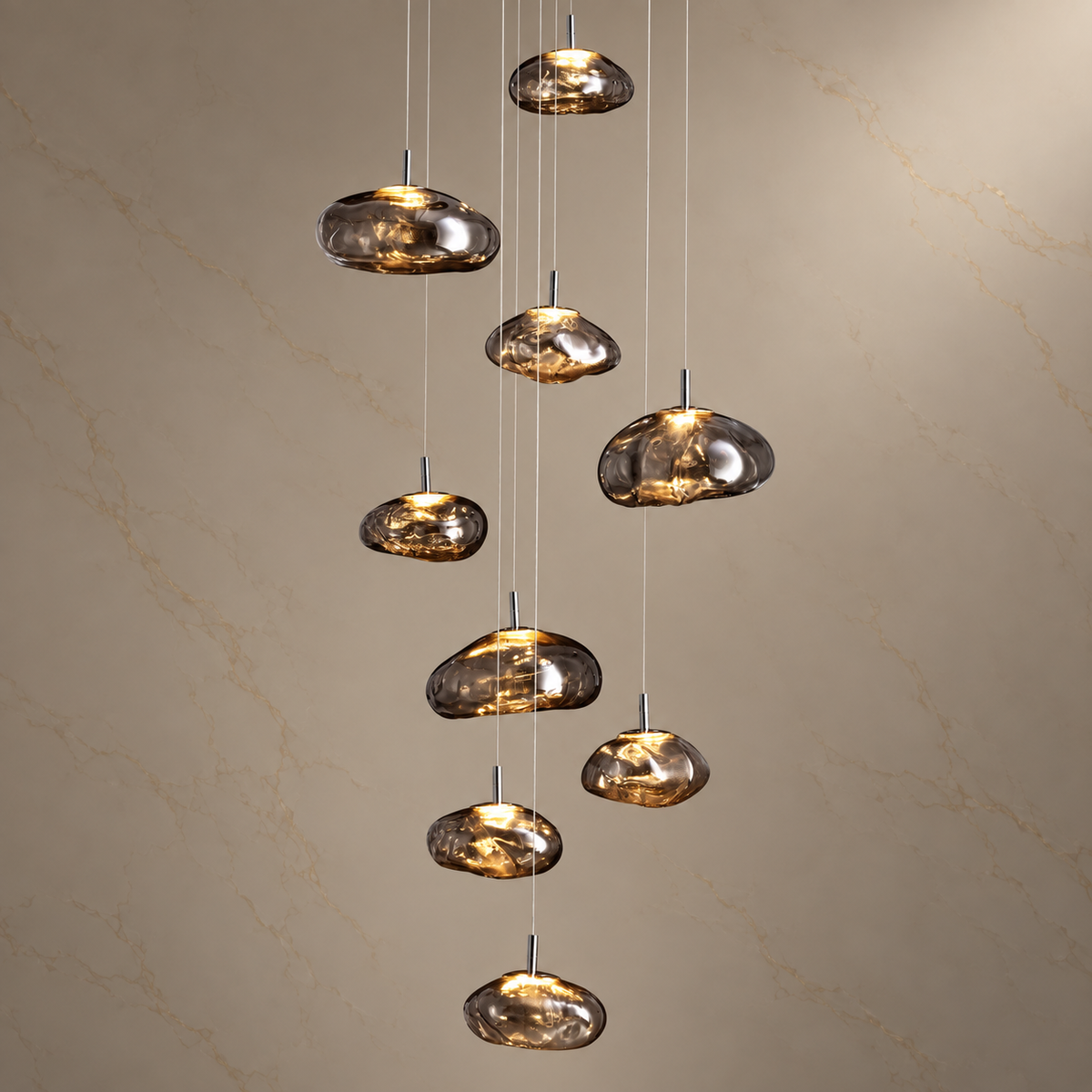 Astral Glass Globe Cascading Chandelier illuminated