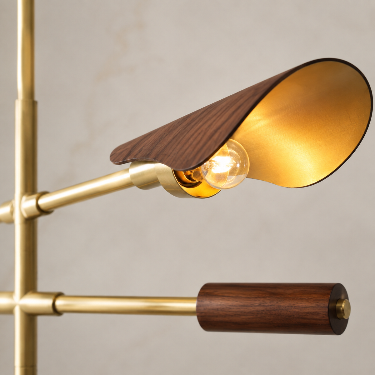 Astrid chandelier walnut shade and gold metal detail