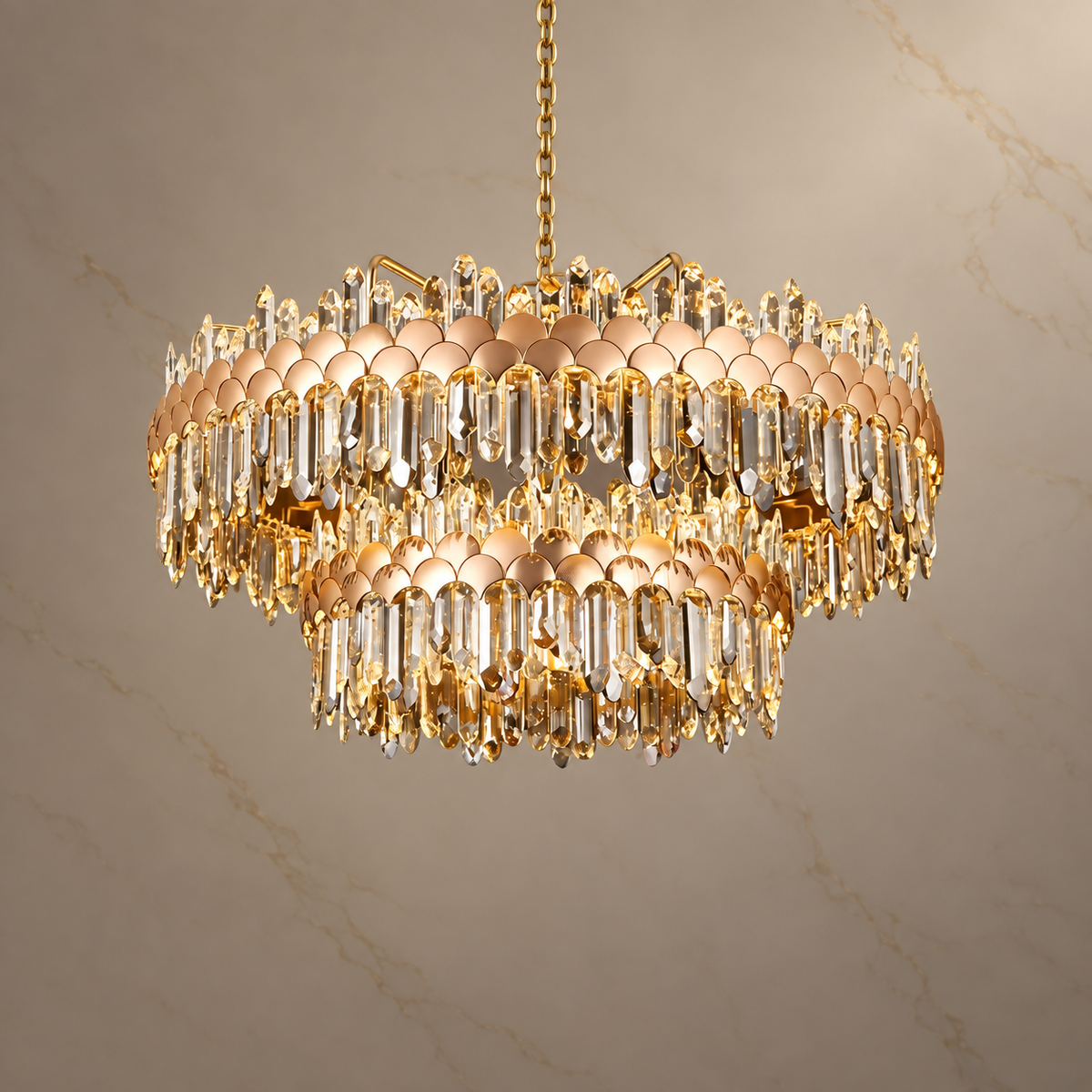 Aurelian Gold K9 Crystal Double-Tier Chandelier with lights on