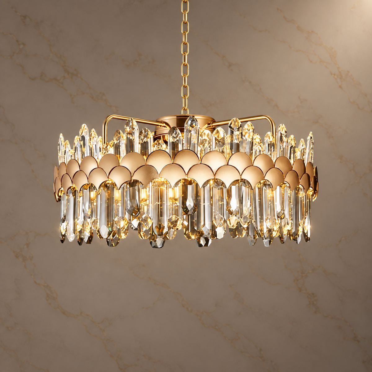 Aurelian Gold K9 Crystal Round Chandelier illuminated