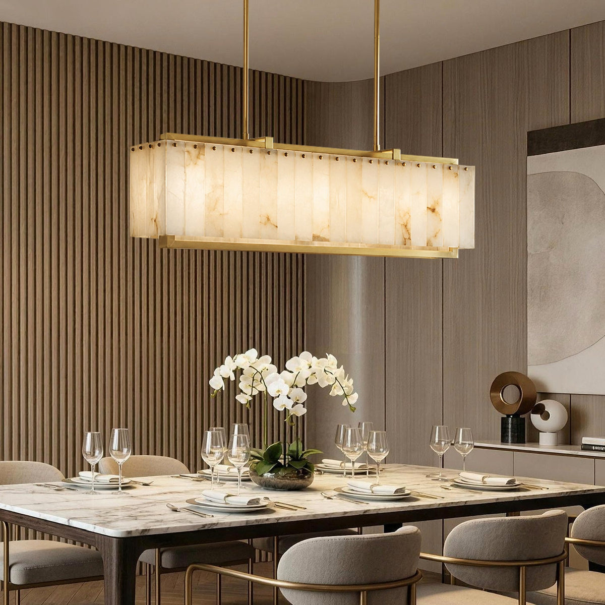Aureline Alabaster Rectangular Chandelier above a dining table
