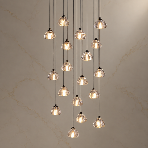 Aurelis Crystal Cascading Foyer Chandelier illuminated