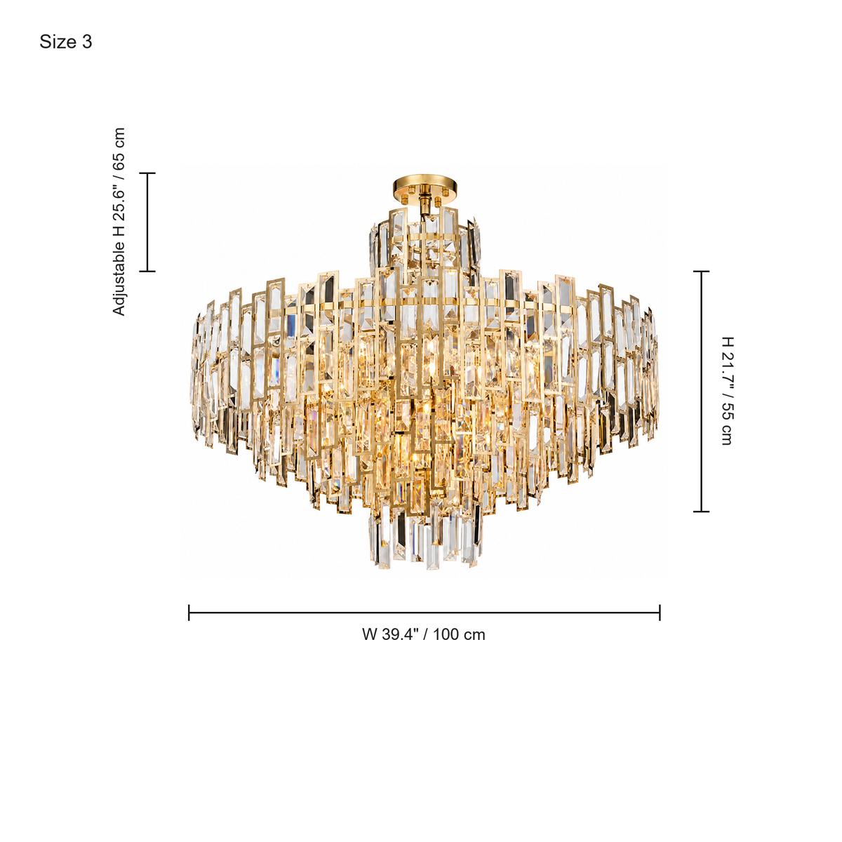 Aurelisse Gold Crystal Tiered Chandelier dimension diagram (100 cm)