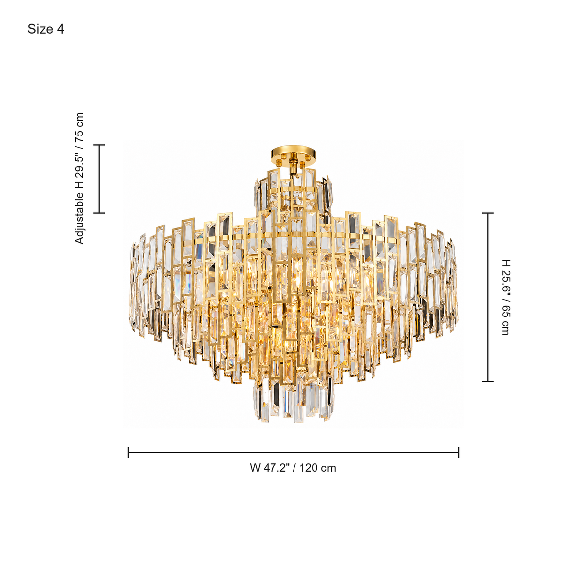 Aurelisse Gold Crystal Tiered Chandelier dimension diagram (120 cm)