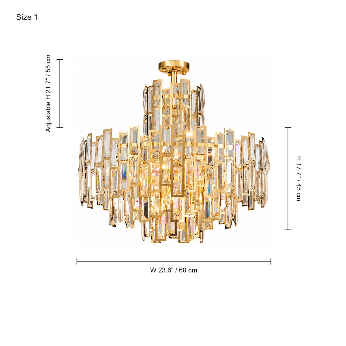 Aurelisse Gold Crystal Tiered Chandelier dimension diagram (60 cm)