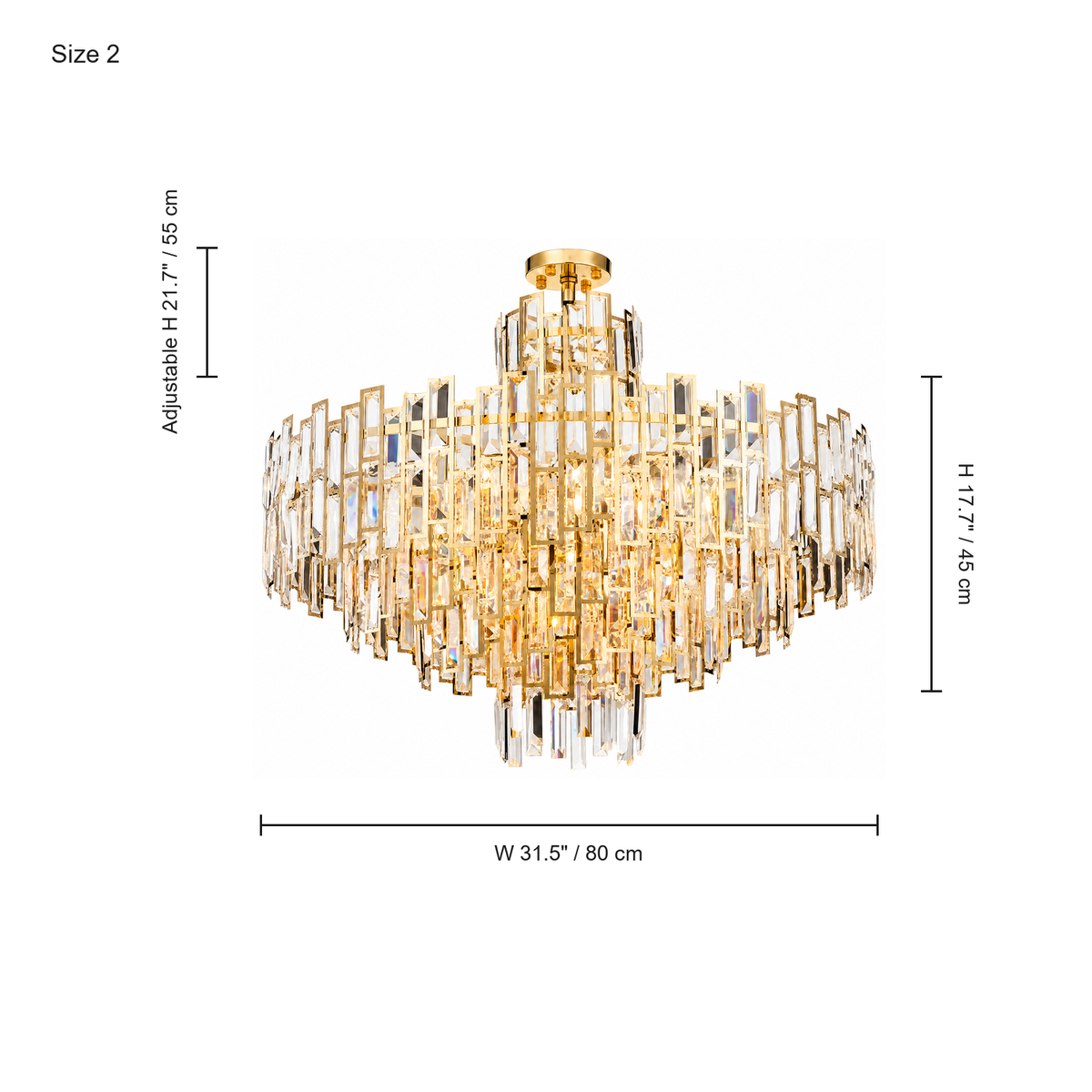 Aurelisse Gold Crystal Tiered Chandelier dimension diagram (80 cm)