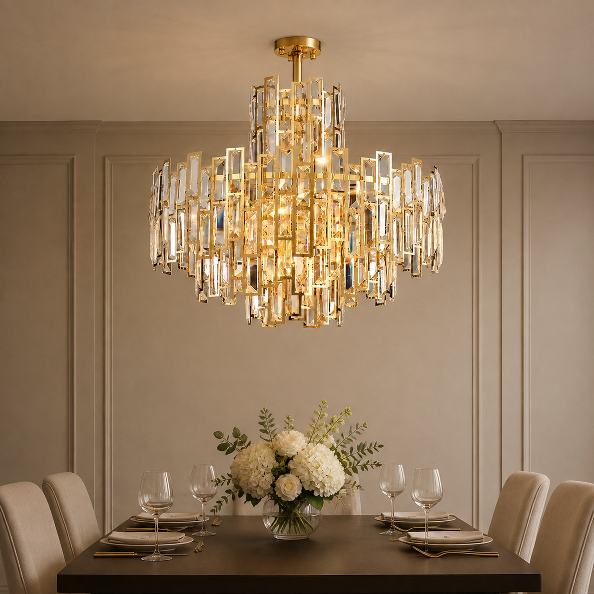 Aurelisse Gold Crystal Tiered Chandelier above a dining table