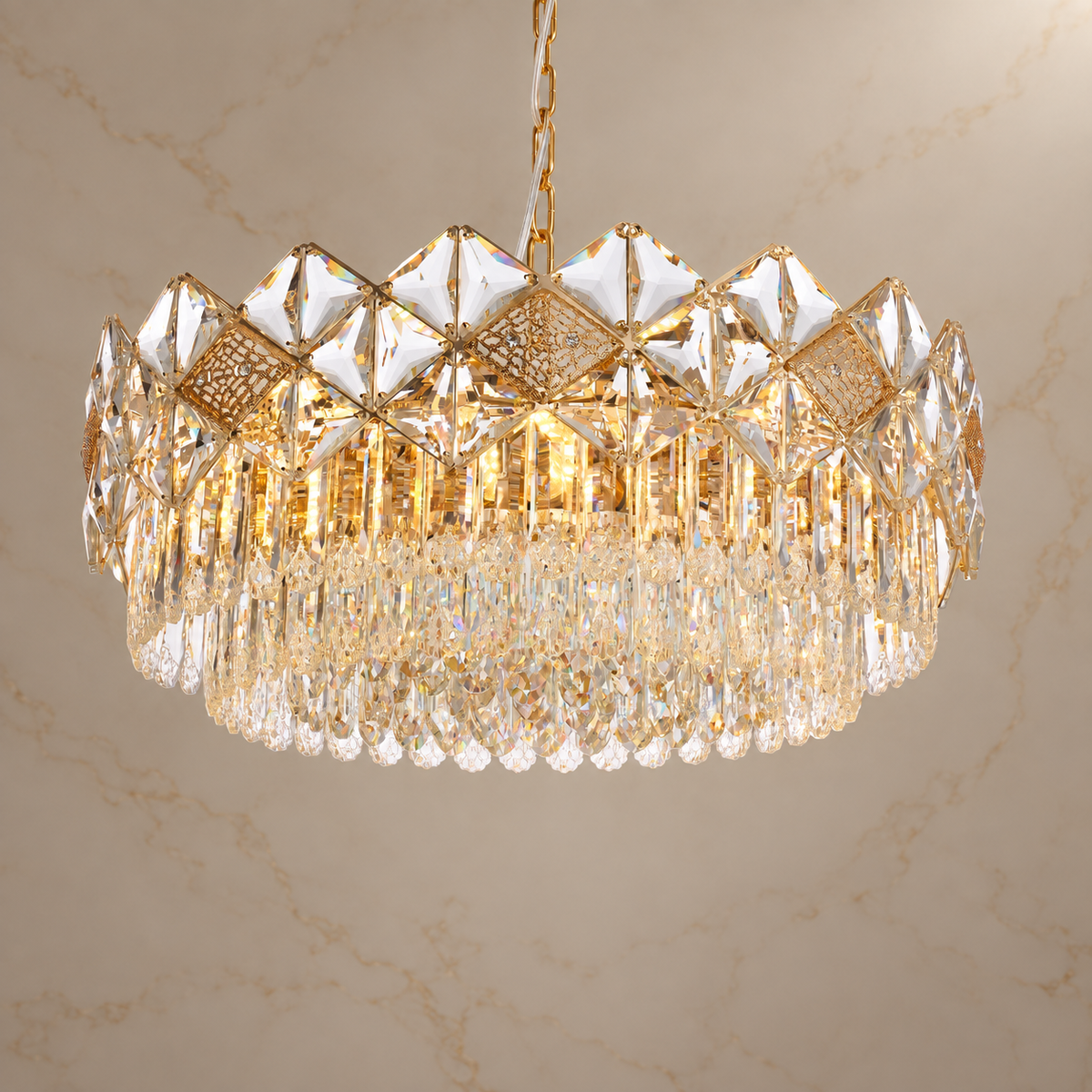 Aureme Pleated Glass Chandelier illuminated
