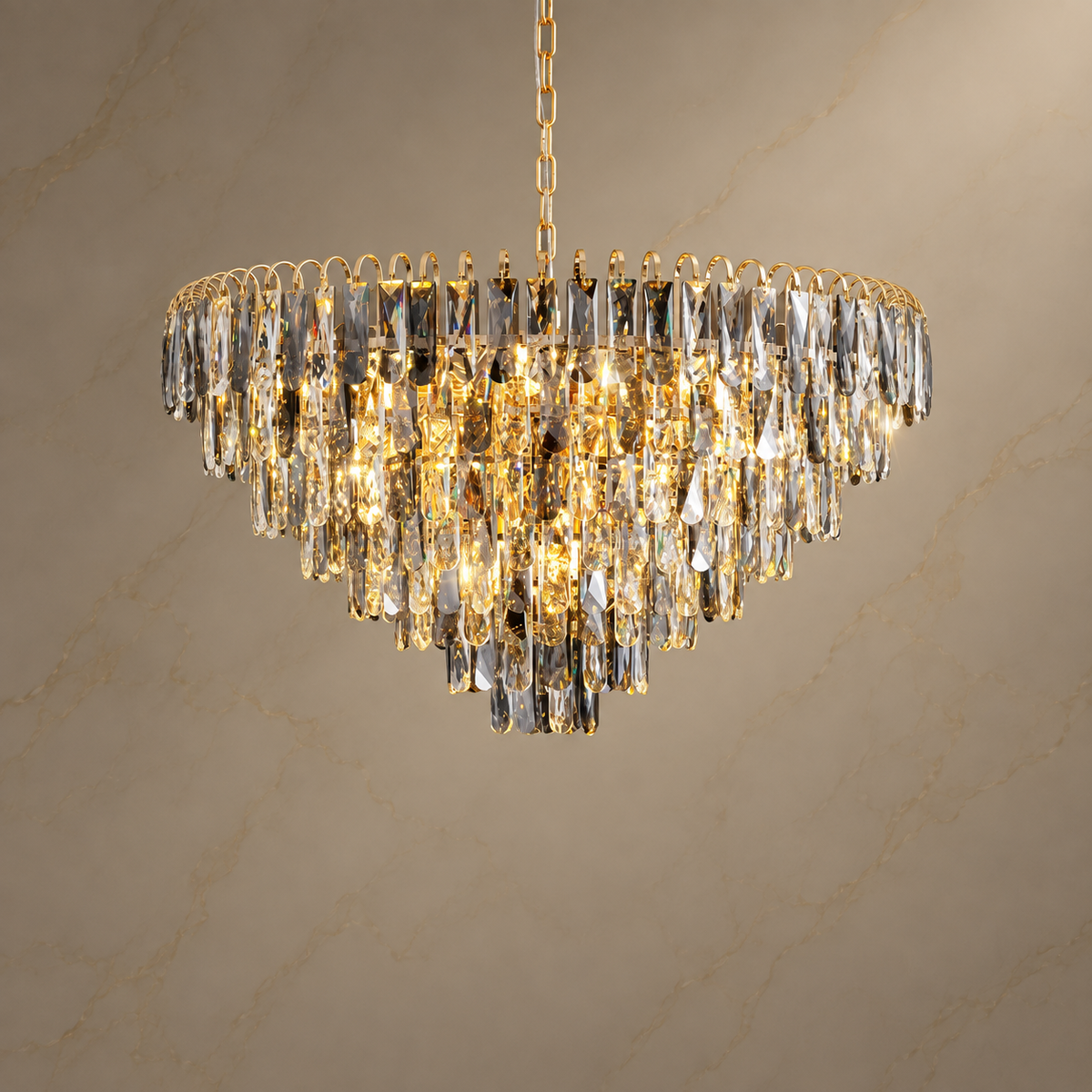 Aurevia Gold Crystal Tiered Chandelier with lights on