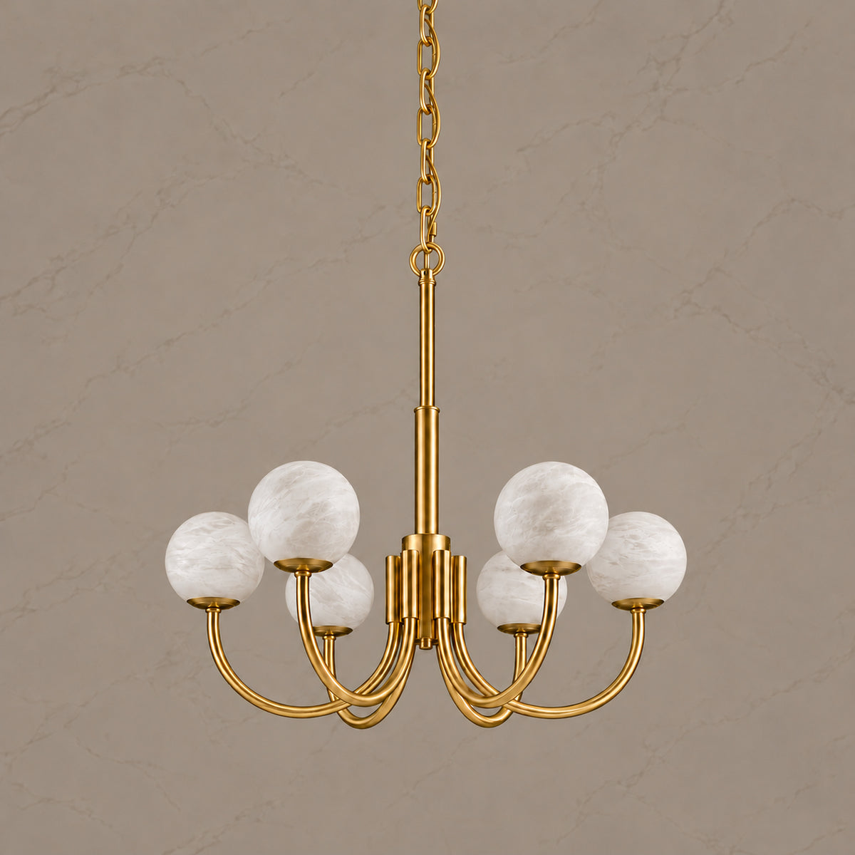 Aurin Alabaster Globe Chandelier 6 heads, brass, light off | CARRA HOME