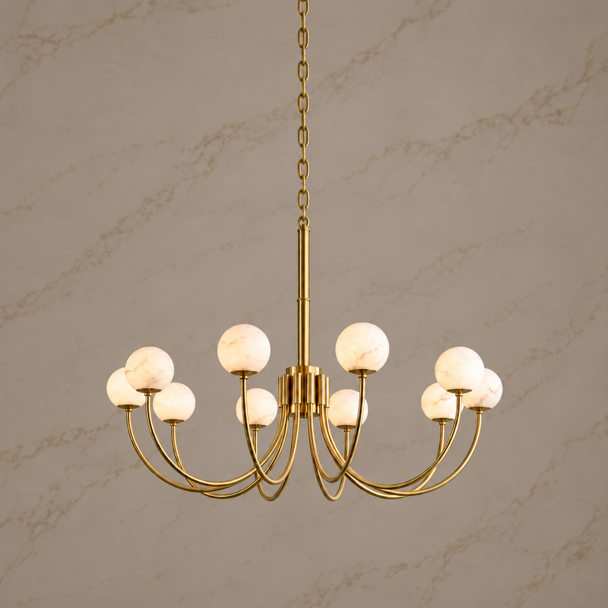 Aurin Alabaster Globe Chandelier 10 heads, brass, light on | CARRA HOME