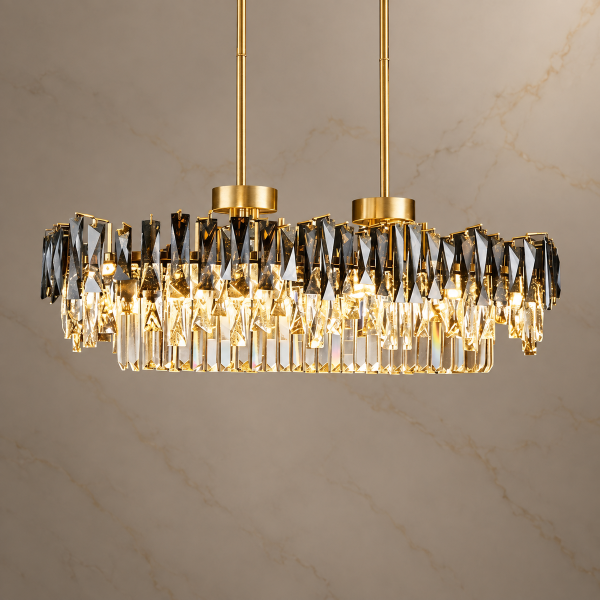 Aurora Prism Gold K9 Crystal Square Chandelier illuminated