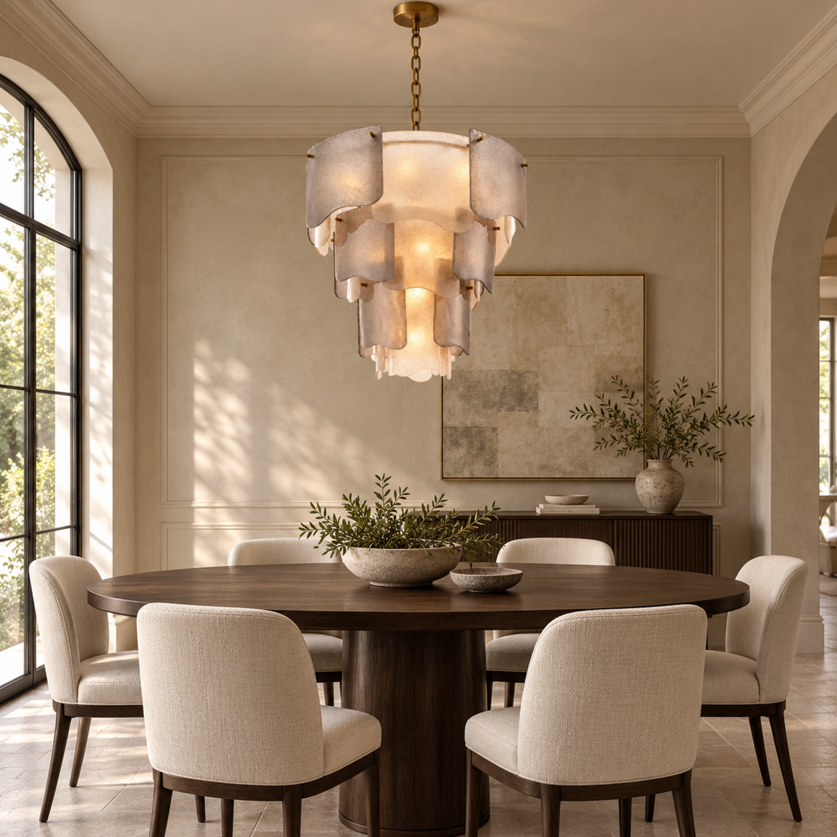 Aurora seeded glass tiered chandelier in a dining room | CARRA HOME