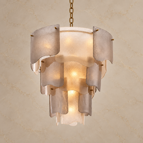 Aurora Seeded Glass Tiered Chandelier illuminated