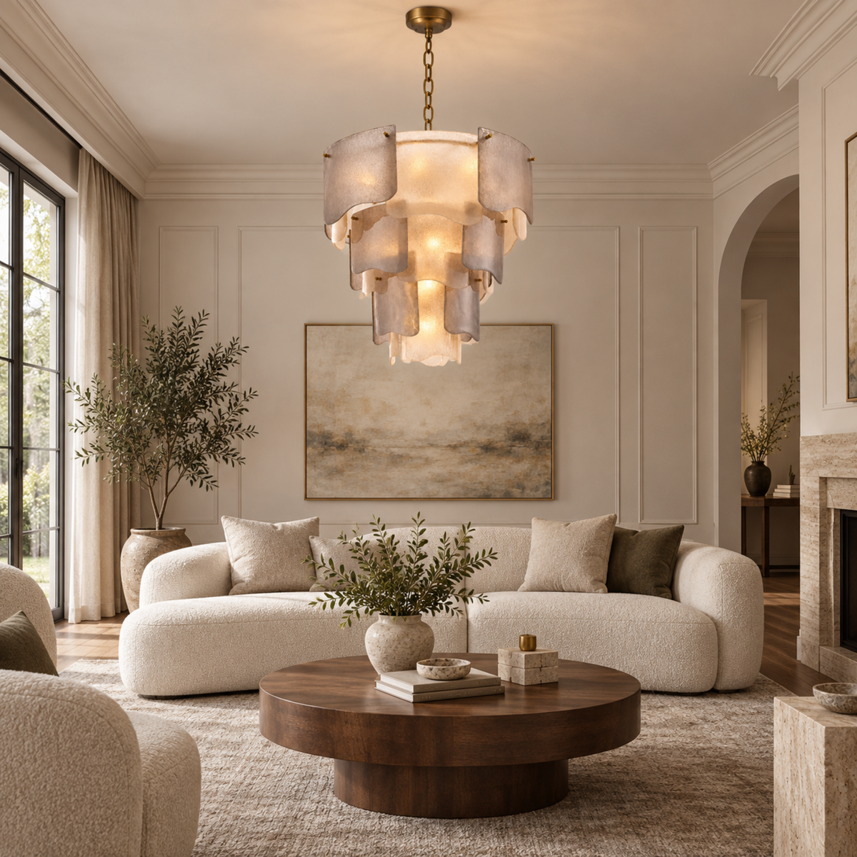 Aurora seeded glass tiered chandelier in a living room | CARRA HOME
