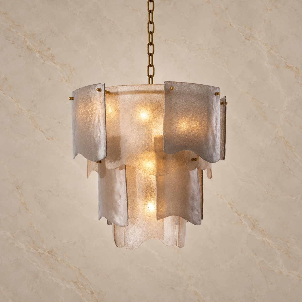 Aurora small frosted smoke seeded glass chandelier illuminated | CARRA HOME