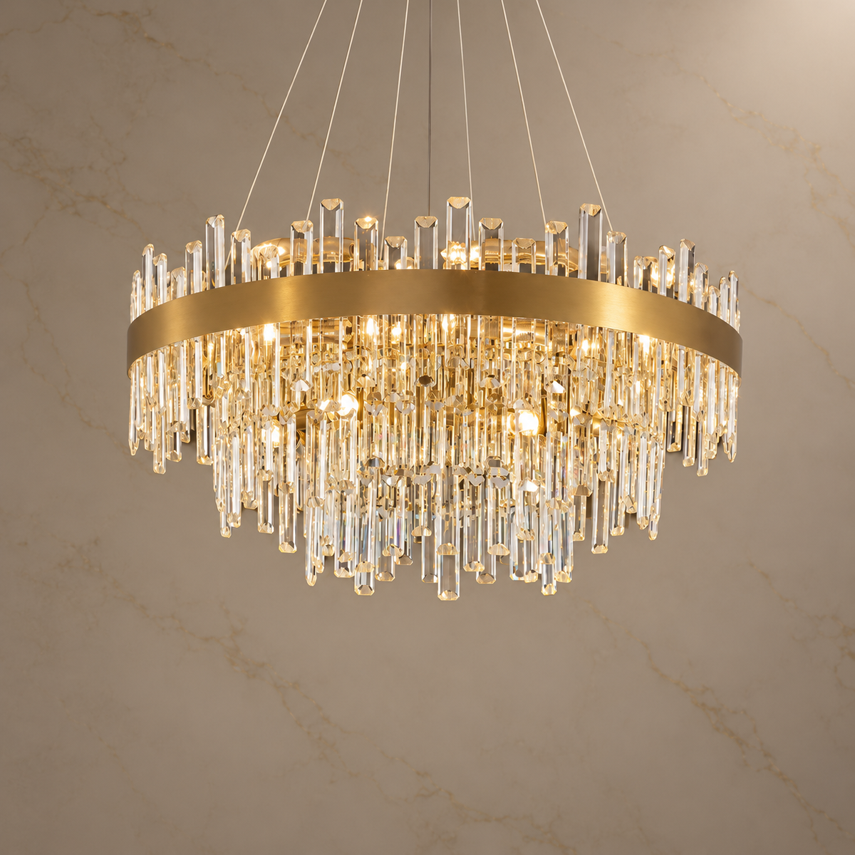 Aurum Gold Crystal Layered Chandelier with lights on