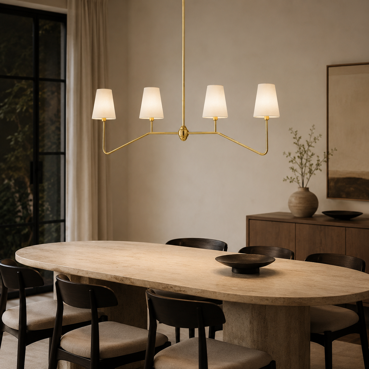 Berkshire Metal Linear Pendant above a stone dining table