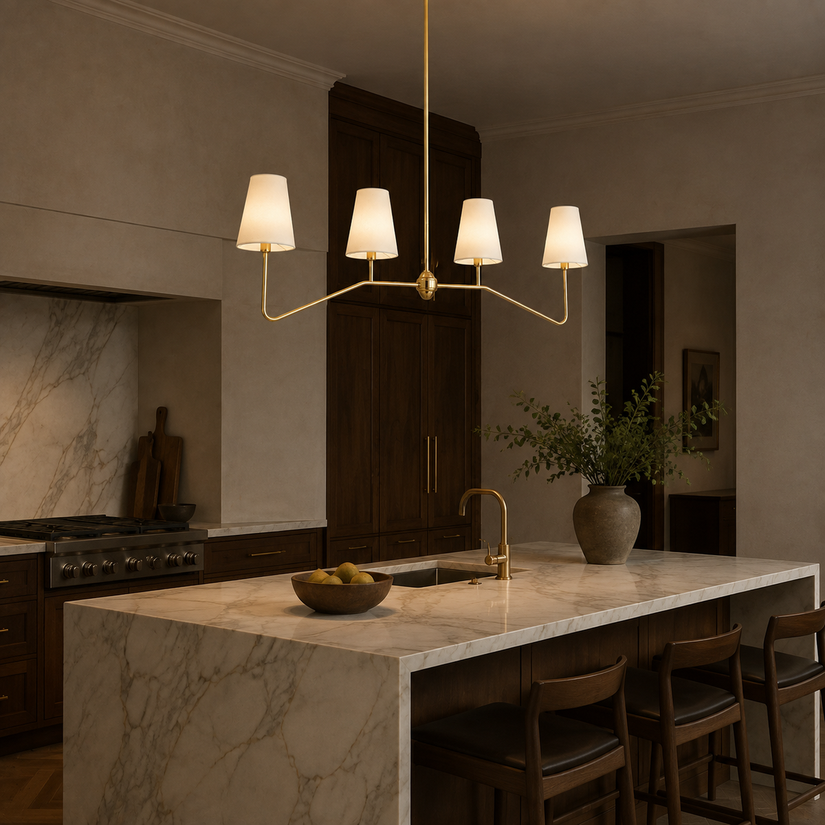Berkshire Metal Linear Pendant above a marble kitchen island