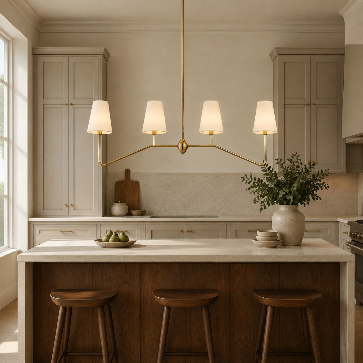 Berkshire Metal Linear Pendant above a walnut kitchen island