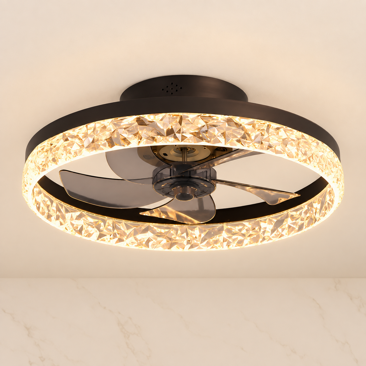 Circular Flush Mount Ceiling Fan Light illuminated