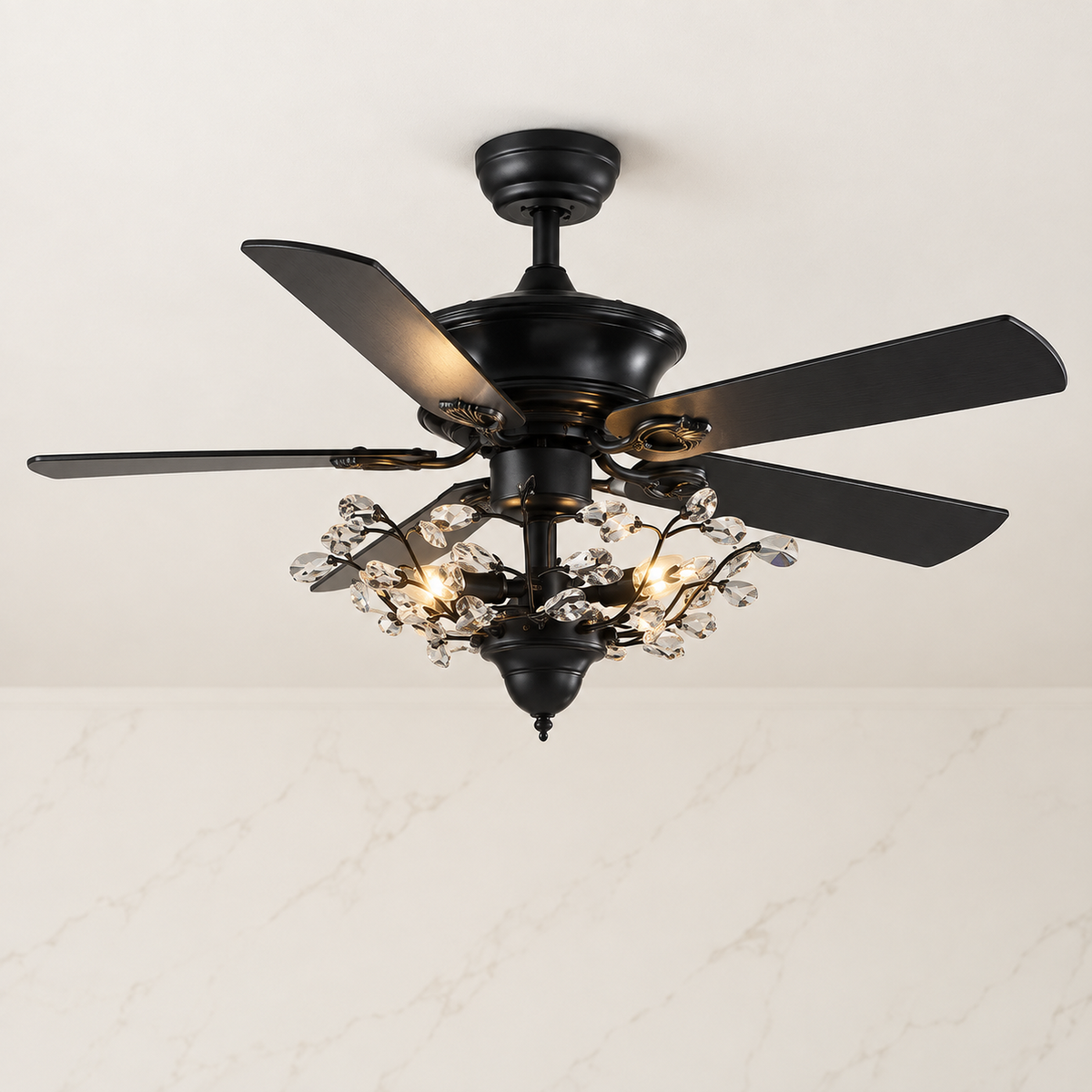 5-Blade 52-inch Black Crystal Branch Ceiling Fan illuminated