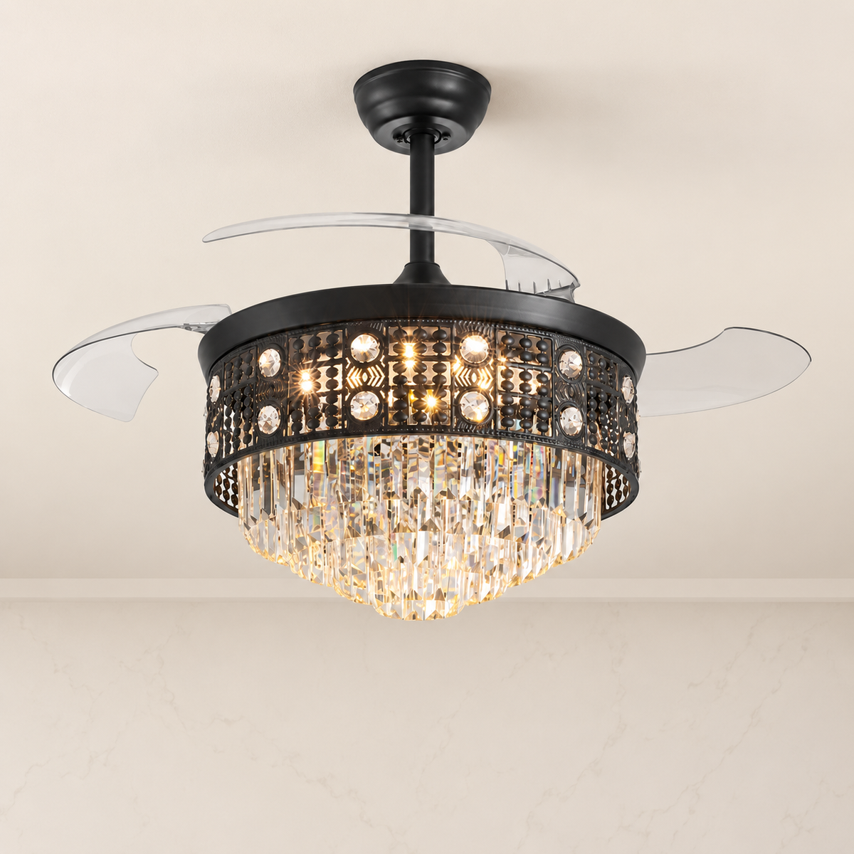 48-inch Black Crystal Retractable Ceiling Fan material and finish detail