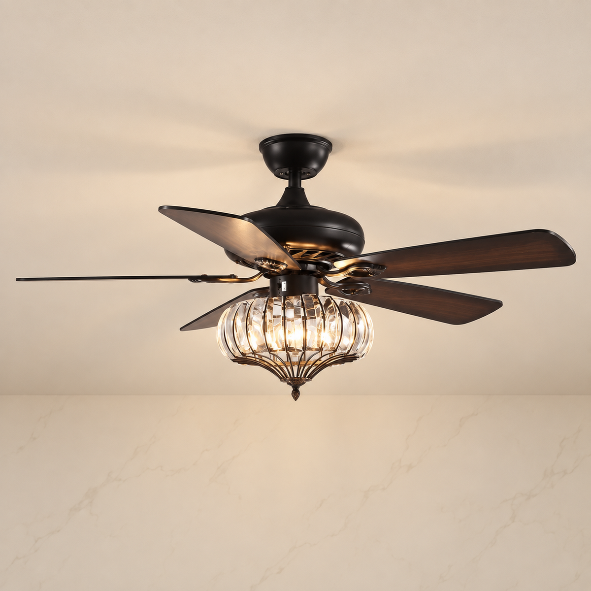 5-Blade Black Frame Crystal Ceiling Fan illuminated