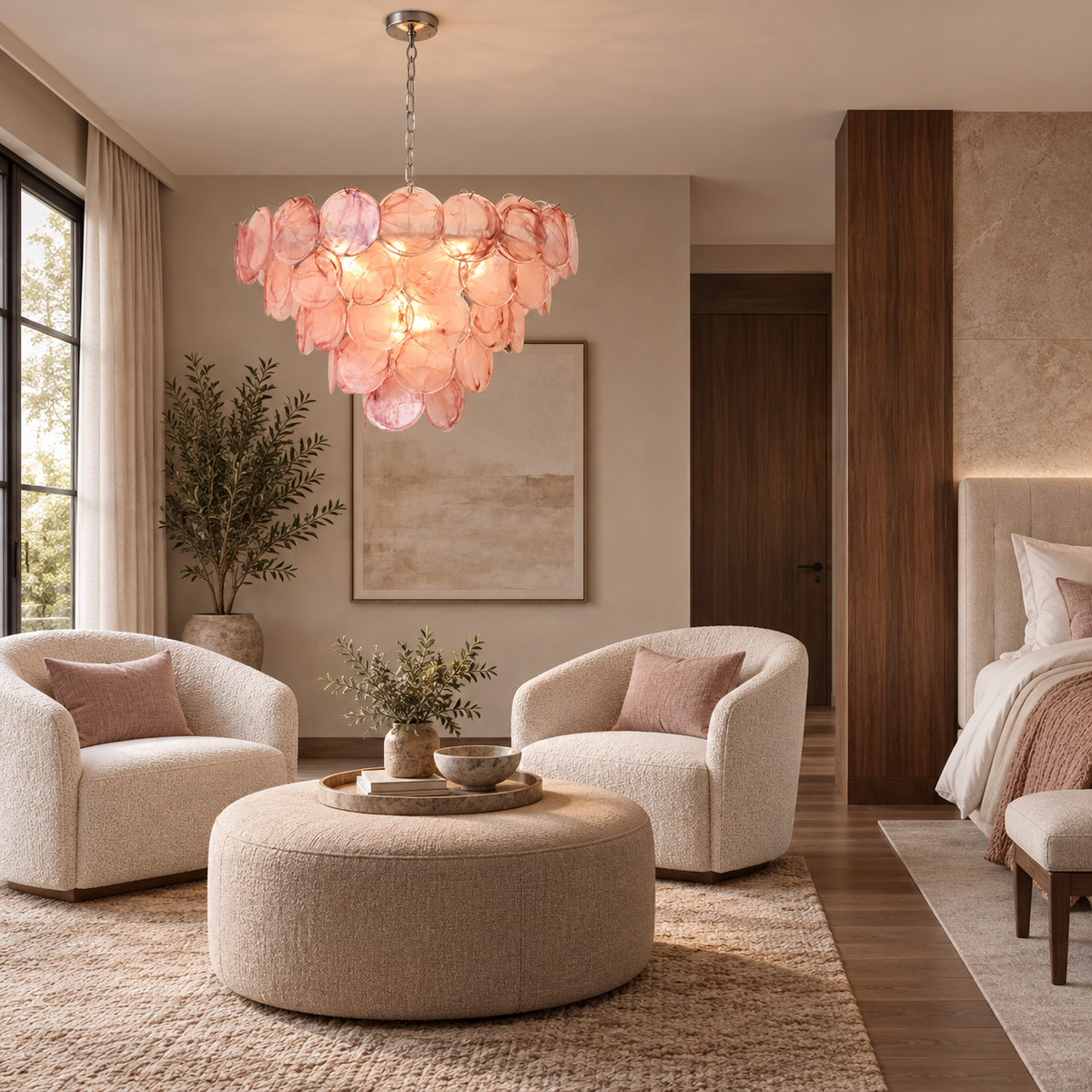blush glass disc cluster chandelier bedroom sitting area scene